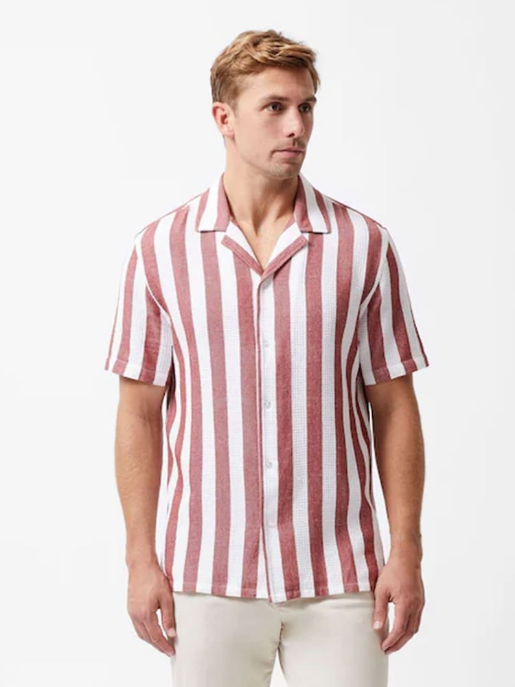 French Connection Red 100% Cotton Waffle-Style Striped Short Sleeve Button Up Shirt - Image 1 of 5
