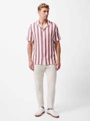 French Connection Red 100% Cotton Waffle-Style Striped Short Sleeve Button Up Shirt - Image 2 of 5