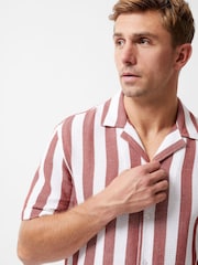 French Connection Red 100% Cotton Waffle-Style Striped Short Sleeve Button Up Shirt - Image 5 of 5