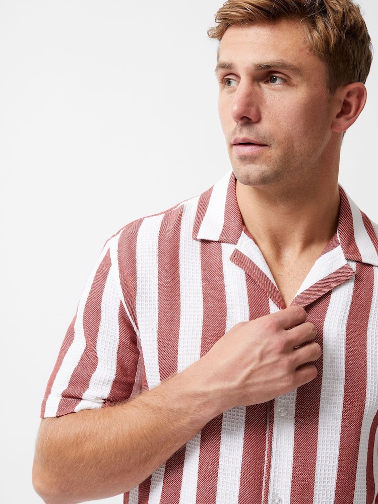 French Connection Red 100% Cotton Waffle-Style Striped Short Sleeve Button Up Shirt - Image 5 of 5
