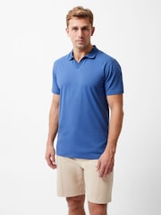 French Connection Blue Cotton Blend Stretch Open Collar Short Sleeve Polo Top - Image 1 of 5