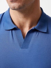 French Connection Blue Cotton Blend Stretch Open Collar Short Sleeve Polo Top - Image 4 of 5