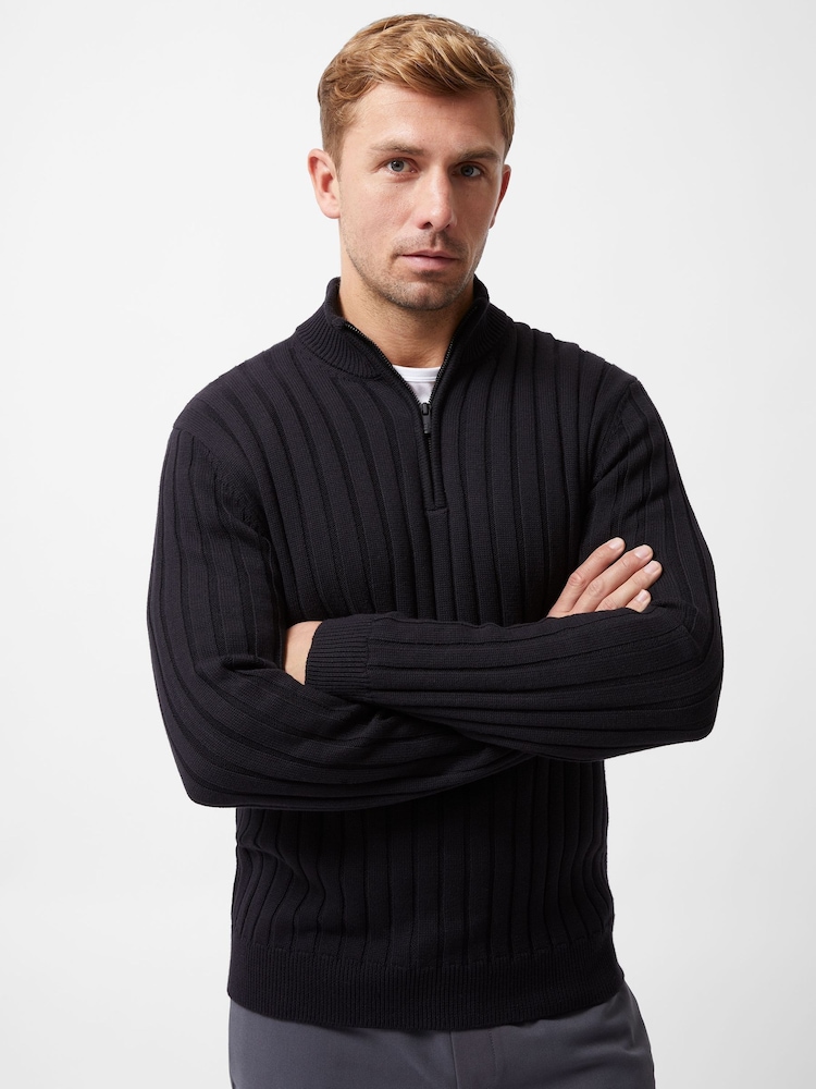 French Connection Blue Blend Ribbed Knit 1/4 Zip Jumper - Image 1 of 6