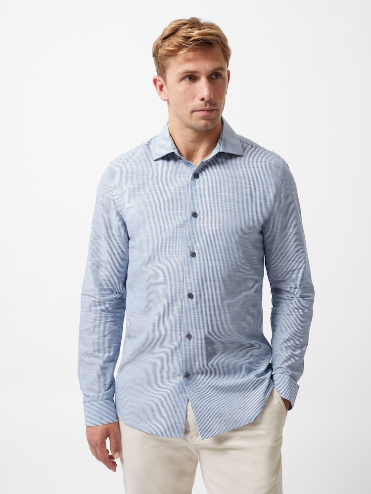 French Connection Blue 100% Cotton Slim Fit Striped Long Sleeve Button Up Shirt - Image 1 of 6
