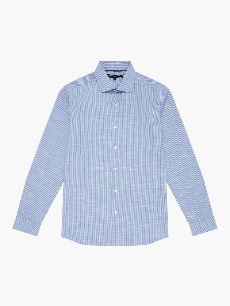 French Connection Blue 100% Cotton Slim Fit Striped Long Sleeve Button Up Shirt - Image 6 of 6