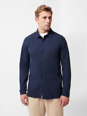 French Connection Blue Stretch Pique Jersey Long Sleeve Button Up Shirt - Image 1 of 5