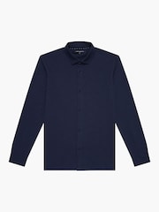 French Connection Blue Stretch Pique Jersey Long Sleeve Button Up Shirt - Image 5 of 5
