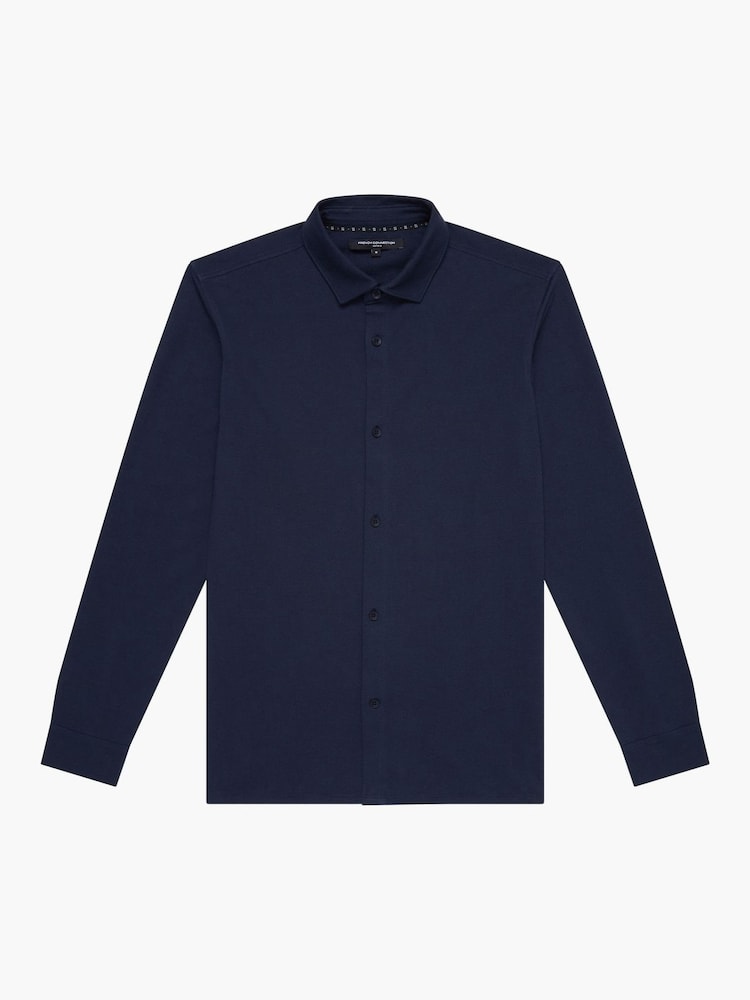 French Connection Blue Stretch Pique Jersey Long Sleeve Button Up Shirt - Image 5 of 5