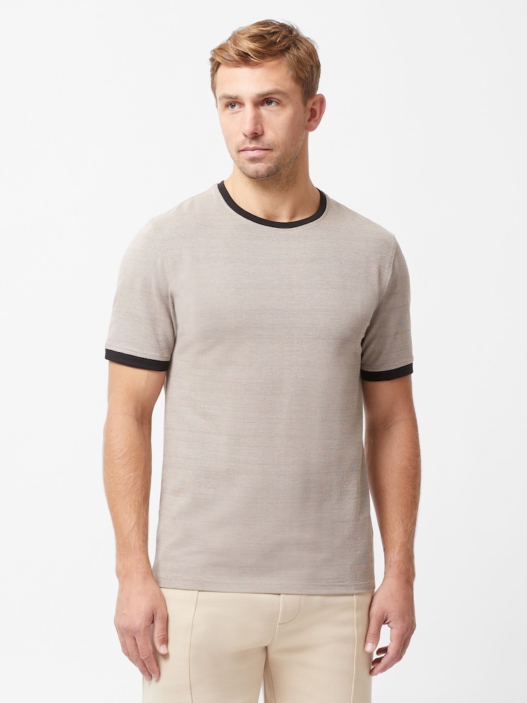French Connection Natural Cotton Blend Textured T-Shirt with Contrast Neck and Cuffs - Image 1 of 5