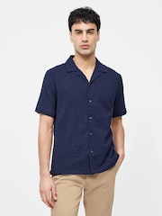 French Connection Blue 100% Cotton Seersucker Crinkle Short Sleeve Button Up Shirt - Image 1 of 7
