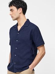 French Connection Blue 100% Cotton Seersucker Crinkle Short Sleeve Button Up Shirt - Image 3 of 7
