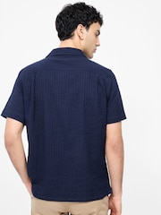 French Connection Blue 100% Cotton Seersucker Crinkle Short Sleeve Button Up Shirt - Image 4 of 7
