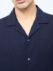 French Connection Blue 100% Cotton Seersucker Crinkle Short Sleeve Button Up Shirt - Image 5 of 7