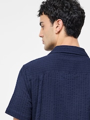 French Connection Blue 100% Cotton Seersucker Crinkle Short Sleeve Button Up Shirt - Image 6 of 7