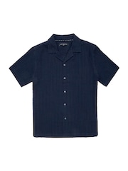 French Connection Blue 100% Cotton Seersucker Crinkle Short Sleeve Button Up Shirt - Image 7 of 7