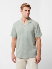 French Connection Green 100% Cotton Seersucker Crinkle Short Sleeve Button Up Shirt - Image 1 of 4