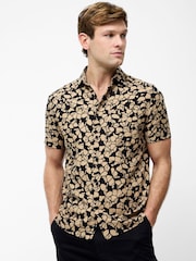 French Connection Black Cotton Linen Blend Printed Short Sleeve Chest Pocket Button Up Shirt - Image 1 of 6