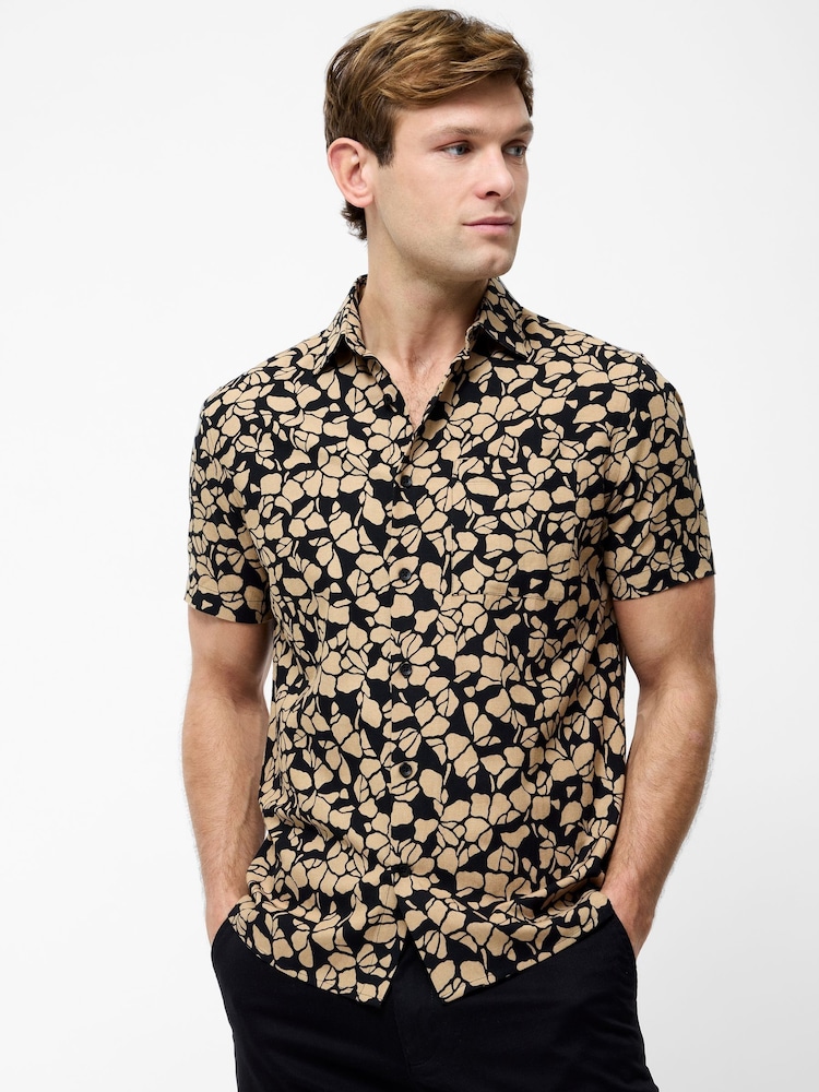 French Connection Black Cotton Linen Blend Printed Short Sleeve Chest Pocket Button Up Shirt - Image 1 of 6