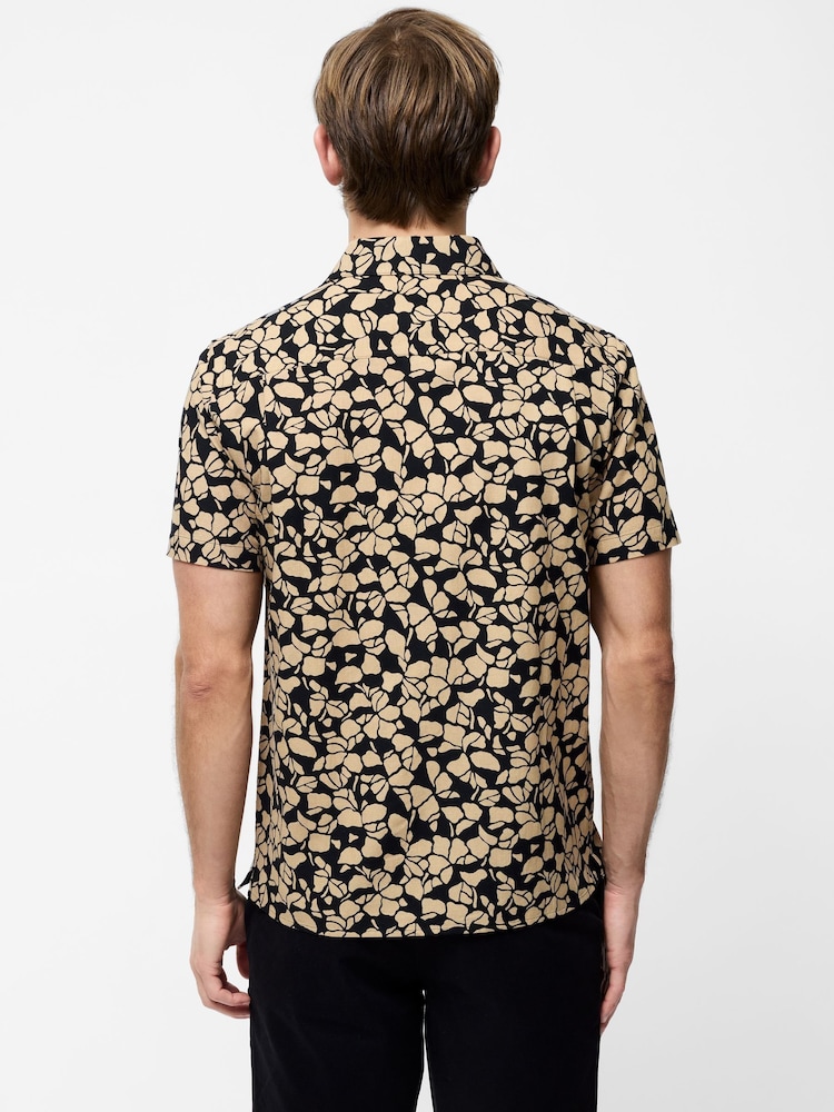 French Connection Black Cotton Linen Blend Printed Short Sleeve Chest Pocket Button Up Shirt - Image 2 of 6