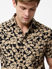 French Connection Black Cotton Linen Blend Printed Short Sleeve Chest Pocket Button Up Shirt - Image 5 of 6