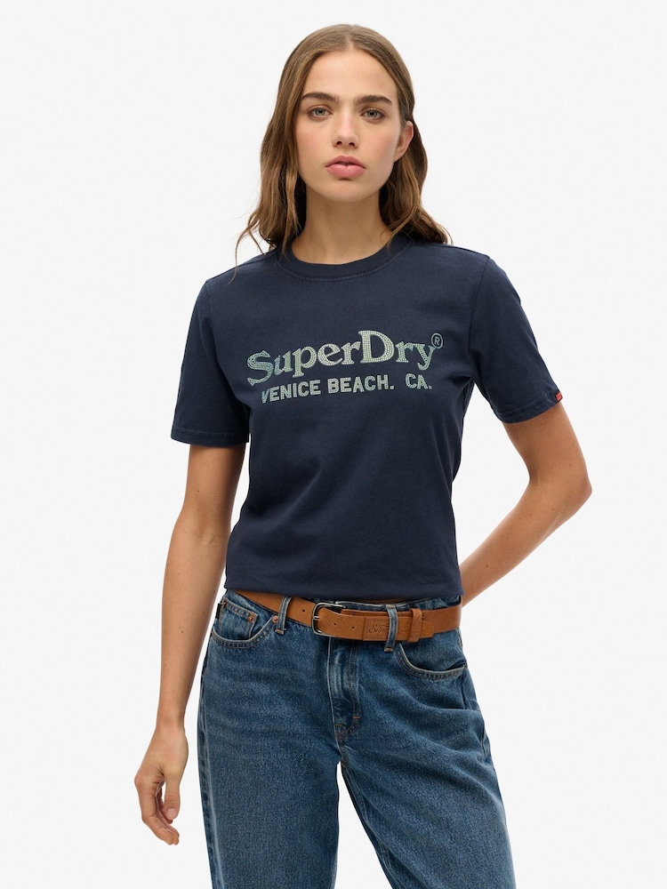Superdry Blue Venue Metallic Relaxed 100% Cotton T-Shirt - Image 1 of 5