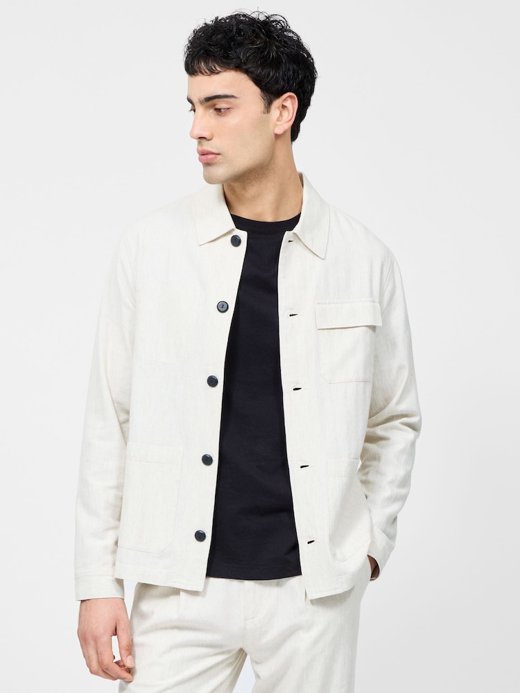 French Connection Natural Cotton Blend Herringbone Button Up Chore Shacket Overshirt - Image 1 of 6