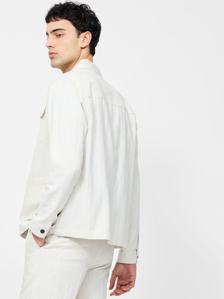 French Connection Natural Cotton Blend Herringbone Button Up Chore Shacket Overshirt - Image 2 of 6 French Connection Natural Cotton Blend Herringbone Button Up Chore Shacket Overshirt - Image 2 of 6