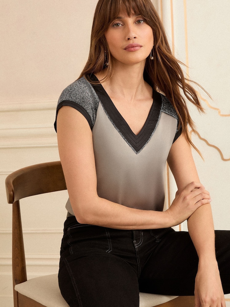 Love & Roses Silver Colourblock Satin Front T-Shirt - Image 1 of 4