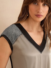 Love & Roses Silver Colourblock Satin Front T-Shirt - Image 2 of 4