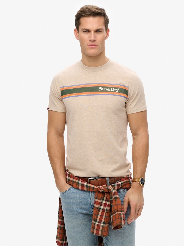 Superdry Nude Venue Logo Stripe Relaxed 100% Cotton T-Shirt - Image 1 of 6 Superdry Nude Venue Logo Stripe Relaxed 100% Cotton T-Shirt - Image 1 of 6