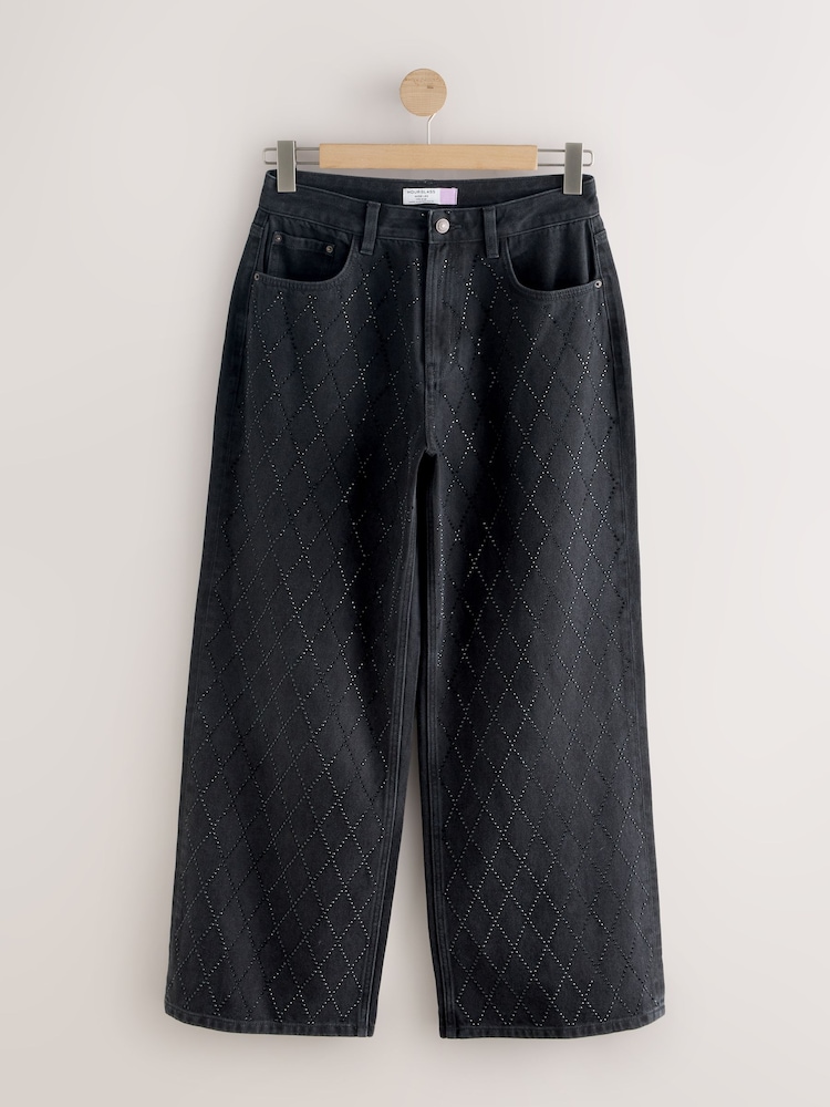 Black Embellished Hourglass Wide Leg Jeans - Image 1 of 3 Black Embellished Hourglass Wide Leg Jeans - Image 1 of 3