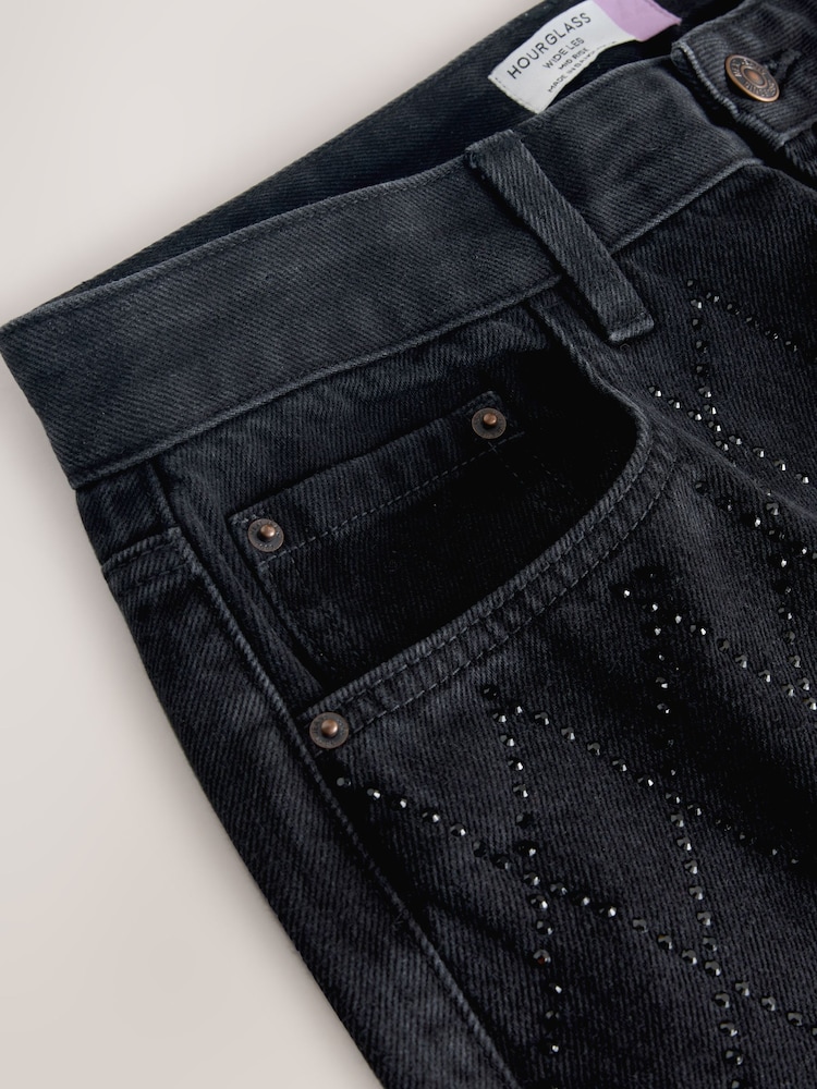 Black Embellished Hourglass Wide Leg Jeans - Image 2 of 3 Black Embellished Hourglass Wide Leg Jeans - Image 2 of 3
