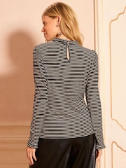 Love & Roses Navy Petite Frill Neck Long Sleeve Jersey Top - Image 4 of 4