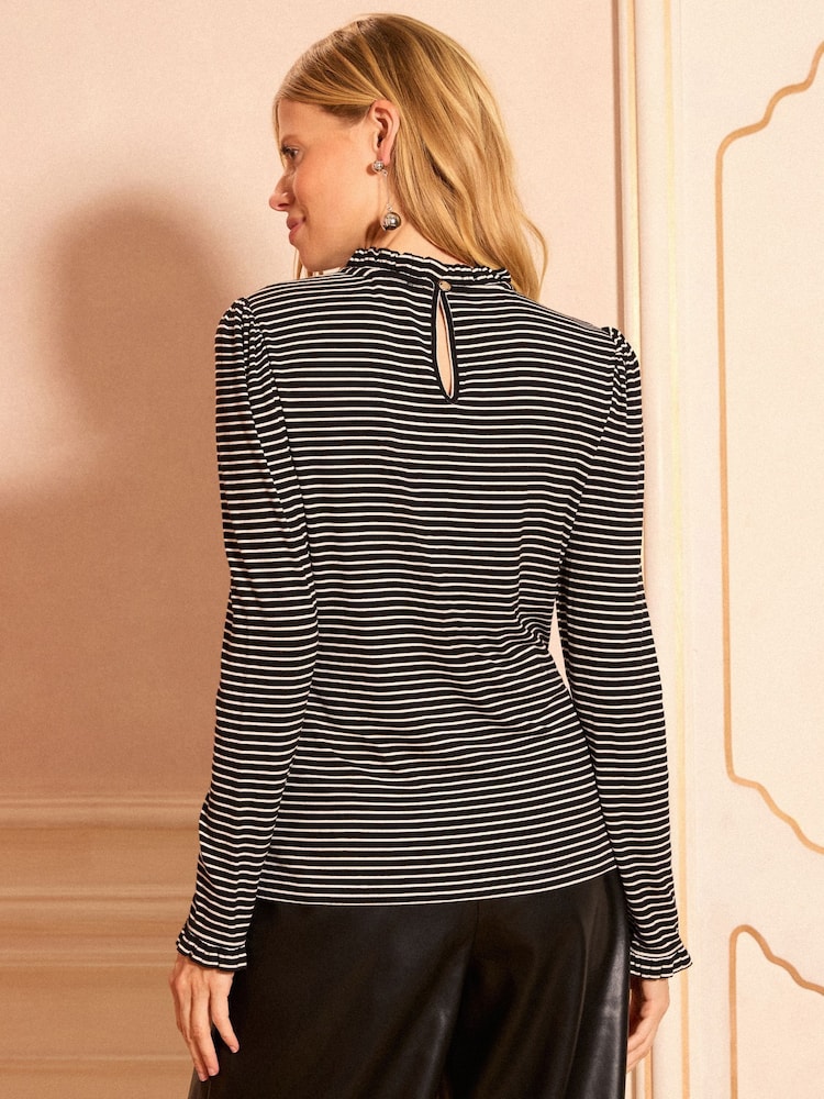 Love & Roses Navy Petite Frill Neck Long Sleeve Jersey Top - Image 4 of 4