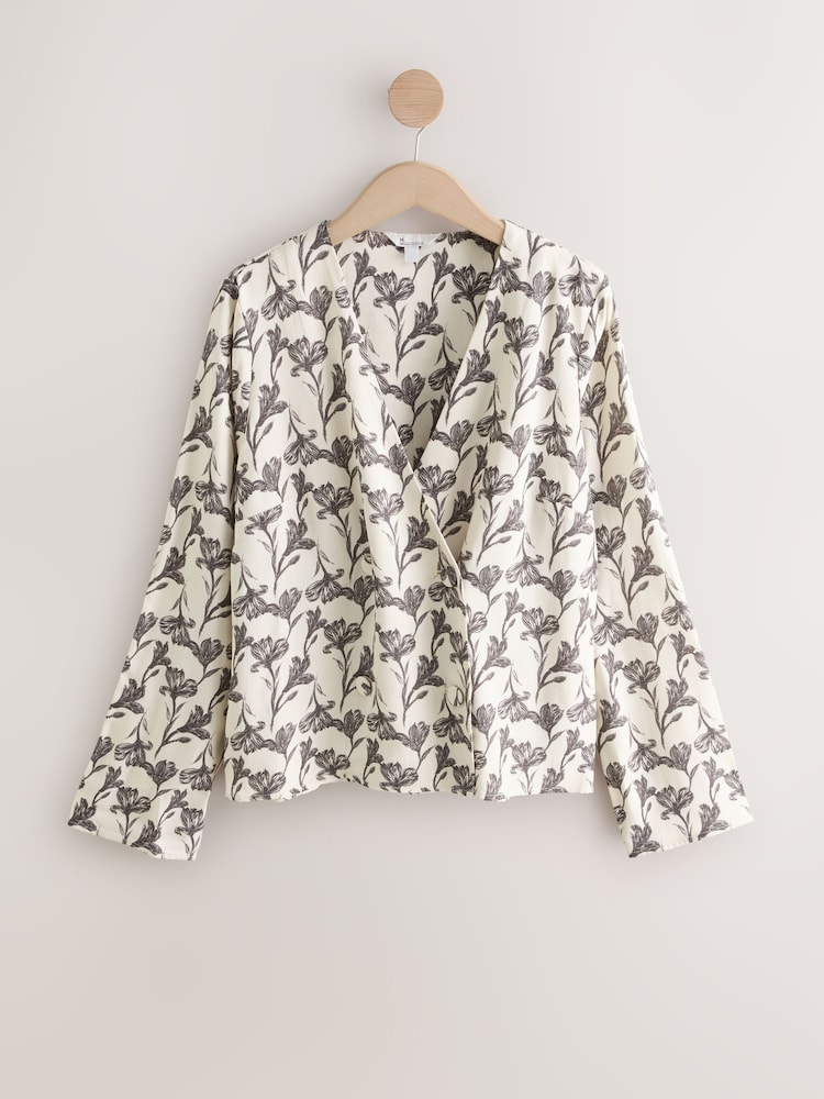 Ecru/Black Floral N.Premium Button Down Wrap Blazer - Image 1 of 3