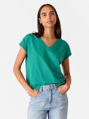 Whistles Green Willa V-Neck Cap Sleeve 100% Cotton T-Shirt - Image 1 of 5