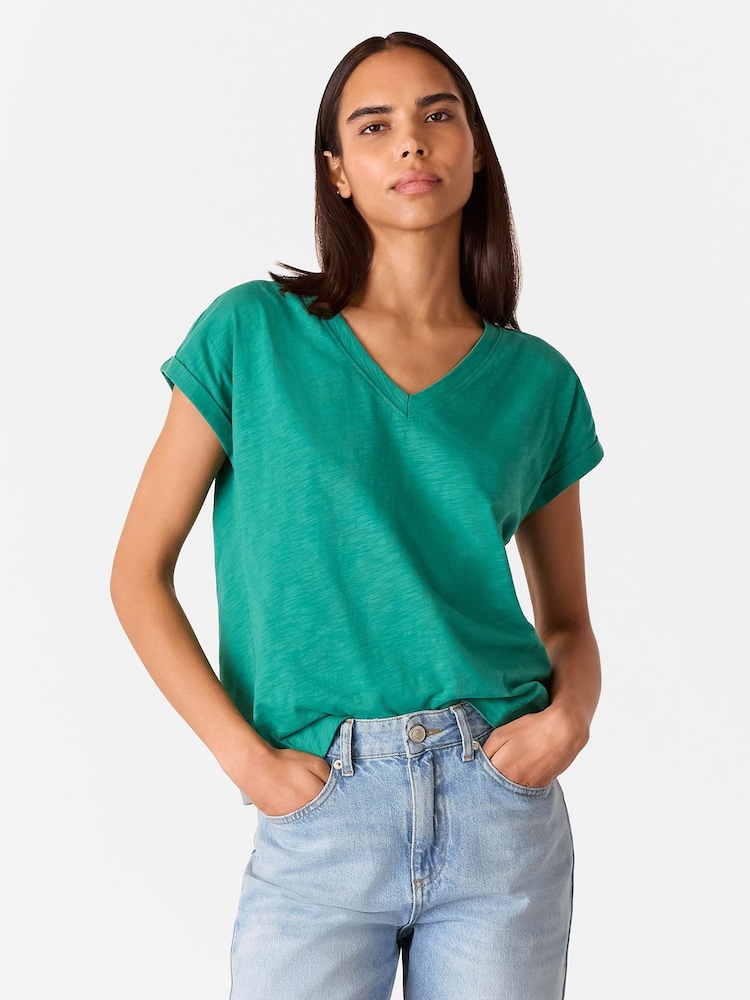 Whistles Green Willa V-Neck Cap Sleeve 100% Cotton T-Shirt - Image 1 of 5