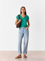 Whistles Green Willa V-Neck Cap Sleeve 100% Cotton T-Shirt - Image 3 of 5