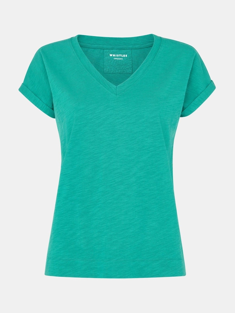 Whistles Green Willa V-Neck Cap Sleeve 100% Cotton T-Shirt - Image 5 of 5