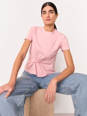 Whistles Pink 100% Cotton Twist Front Detail T-Shirt - Image 1 of 5