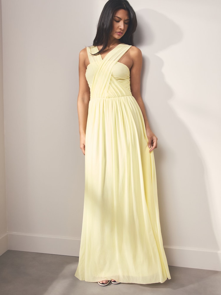 Pastel Yellow Mesh Multiway Bridesmaid Wedding Maxi Dress - Image 1 of 10