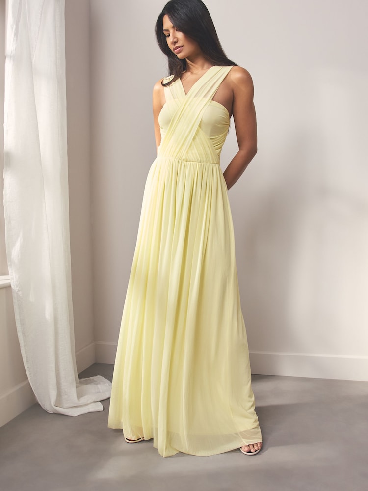 Pastel Yellow Mesh Multiway Bridesmaid Wedding Maxi Dress - Image 2 of 10