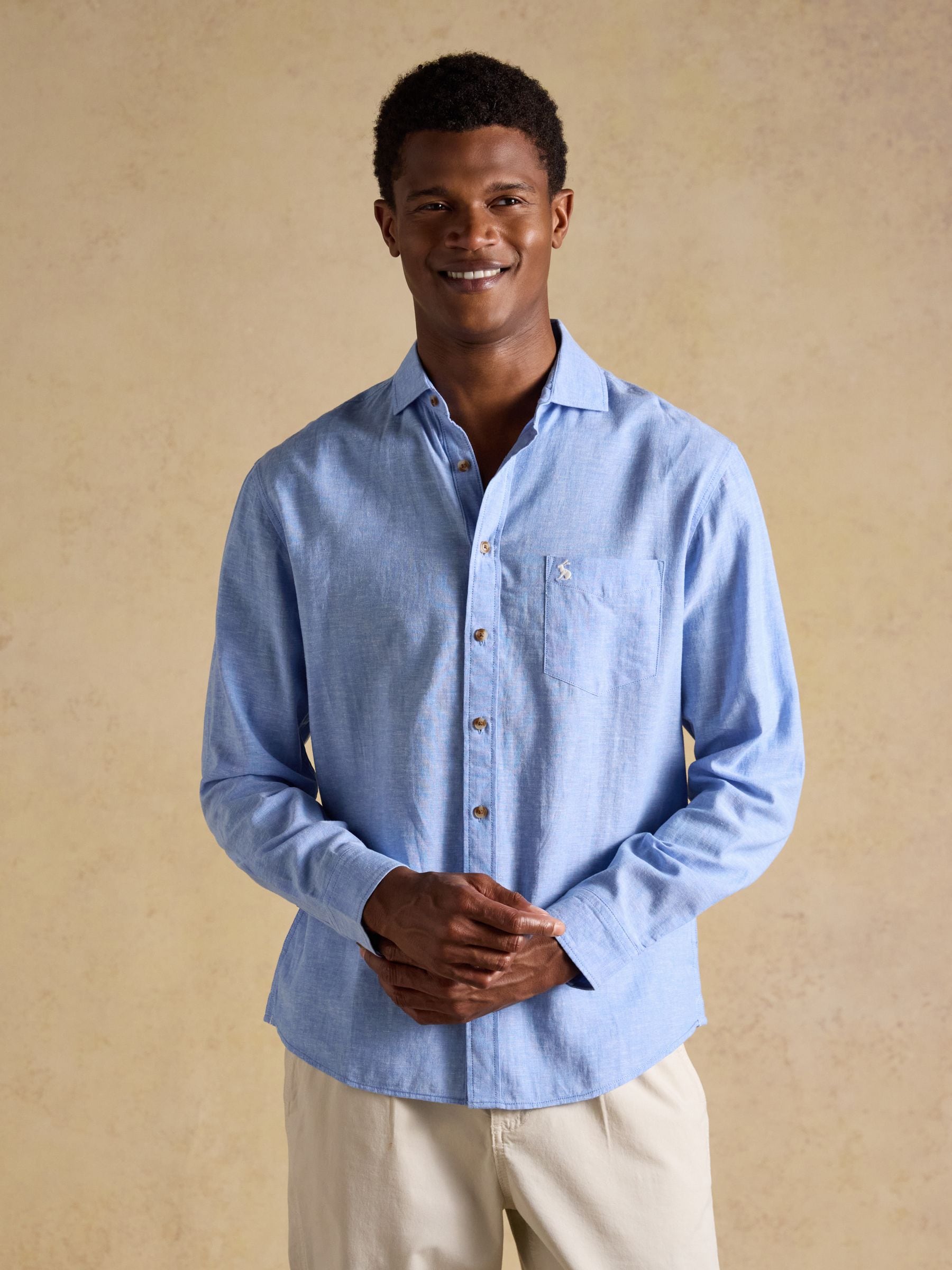 Joules Men's Linen Blend Long Sleeve Shirt Light Blue 3XL