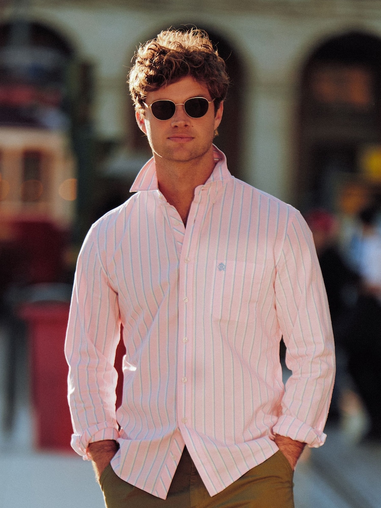 Joules Oxford Pink Stripe Long Sleeve Classic Fit Cotton Shirt - Image 1 of 13