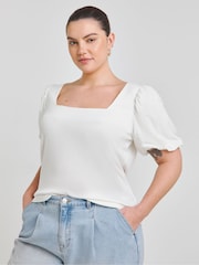 Simply Be White Scoop Neck Puff Sleeve Rib T-Shirt - Image 1 of 4