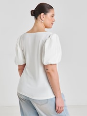 Simply Be White Scoop Neck Puff Sleeve Rib T-Shirt - Image 2 of 4