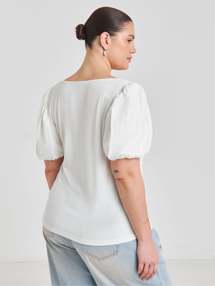 Simply Be White Scoop Neck Puff Sleeve Rib T-Shirt - Image 2 of 4