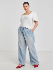 Simply Be White Scoop Neck Puff Sleeve Rib T-Shirt - Image 4 of 4