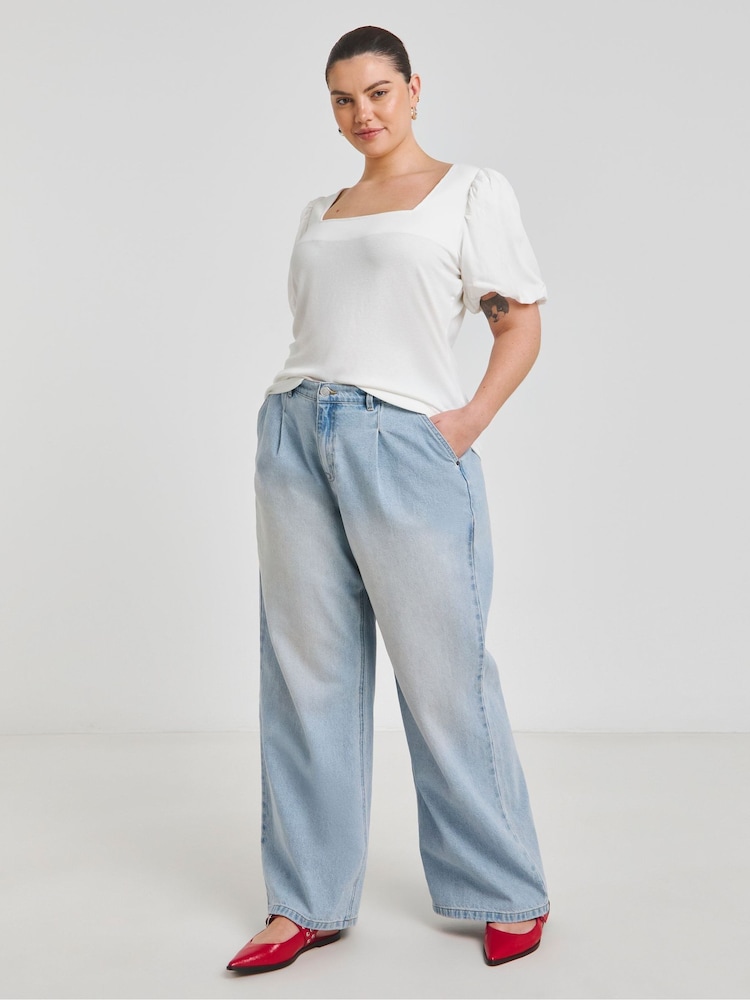 Simply Be White Scoop Neck Puff Sleeve Rib T-Shirt - Image 4 of 4