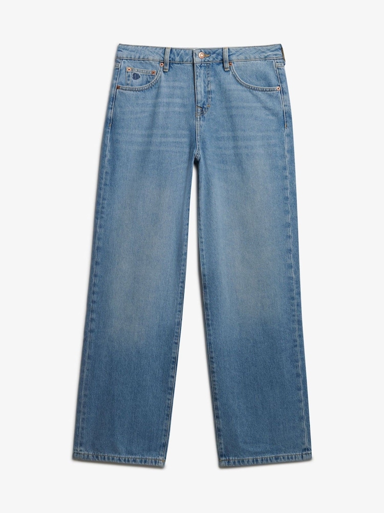 Superdry Mid Blue Denim Mid Rise Wide Leg Jeans - Image 1 of 1 Superdry Mid Blue Denim Mid Rise Wide Leg Jeans - Image 1 of 1